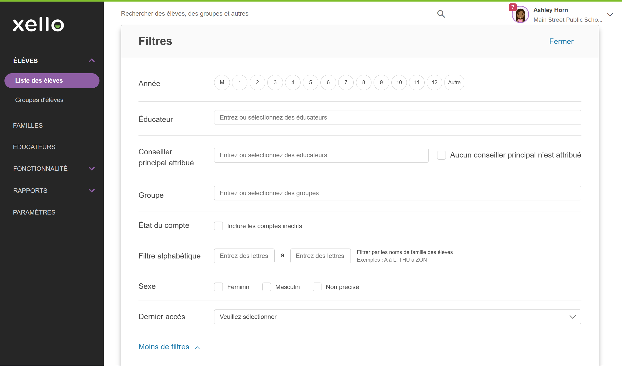 La fenêtre des filtres sur la liste des élèves. Les options incluent le niveau, l'enseignant, le groupe et le conseiller principal assigné.